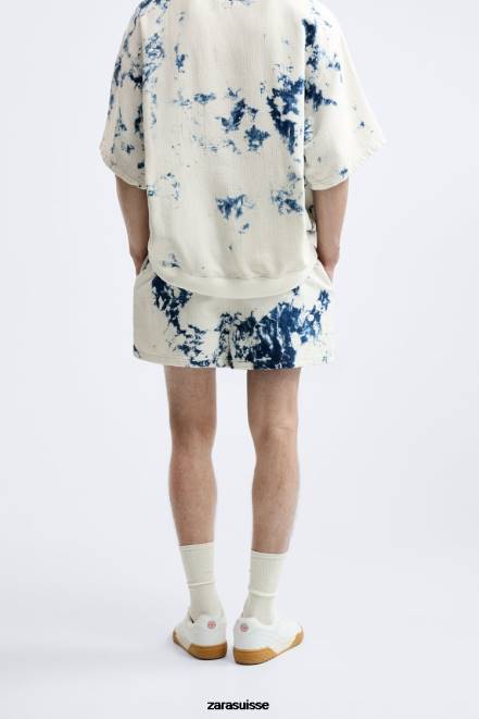 Zara vêtements P66V1237 Hommes short en jean effet tie-dye blanc d'huître