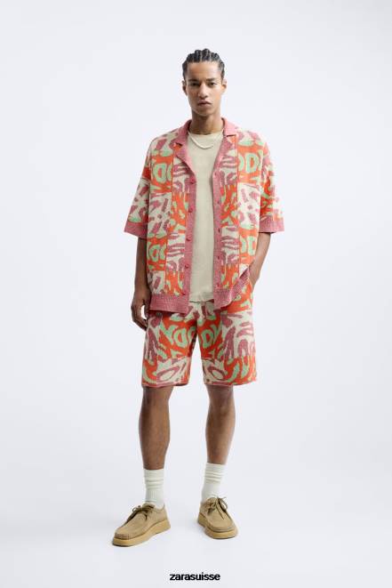 Zara vêtements P66V1238 Hommes short en maille à patchwork de jacquard rose