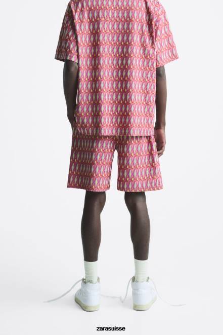 Zara vêtements P66V1239 Hommes short en maille jacquard géométrique rose
