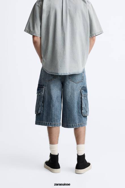 Zara vêtements P66V1246 Hommes short cargo ample bleu