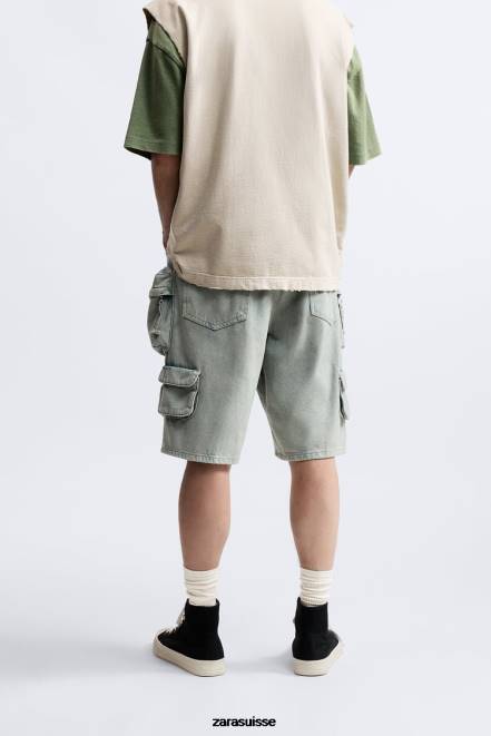 Zara vêtements P66V1247 Hommes short utilitaire en jean bleu vert