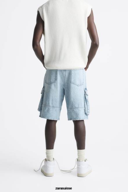 Zara vêtements P66V1248 Hommes short cargo en jean bleu moyen