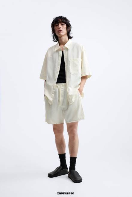 Zara vêtements P66V1250 Hommes short en lin et coton blanc d'huître