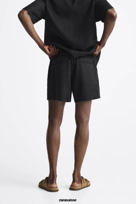 Zara vêtements P66V1252 Hommes Short 100% lin noir