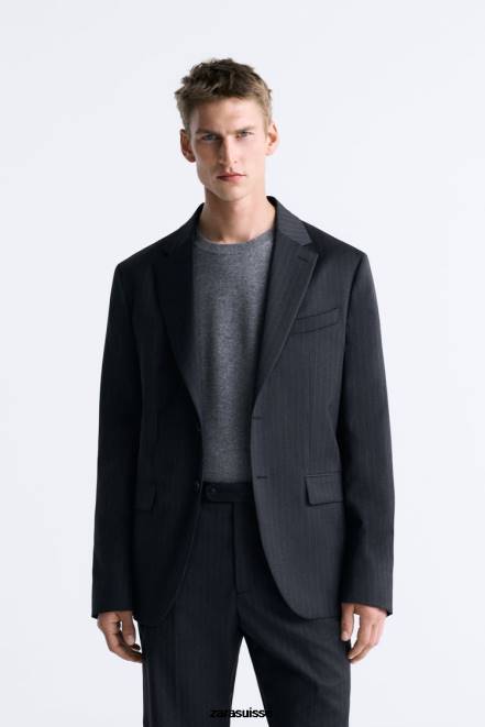 Zara vêtements P66V1149 Hommes veste de costume 100% laine à fines rayures gris anthracite