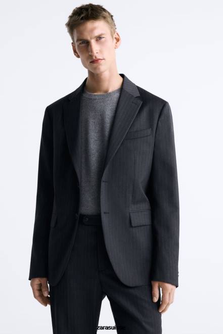 Zara vêtements P66V1149 Hommes veste de costume 100% laine à fines rayures gris anthracite
