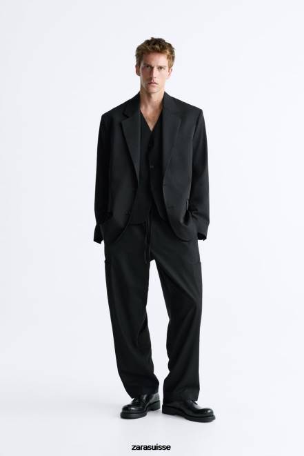 Zara vêtements P66V1151 Hommes veste oversize 100% laine noir