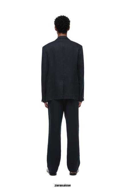 Zara vêtements P66V1152 Hommes veste de costume 100% lin bleu marine