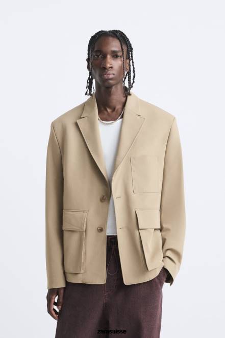 Zara vêtements P66V1158 Hommes blazer à poche bronzage léger