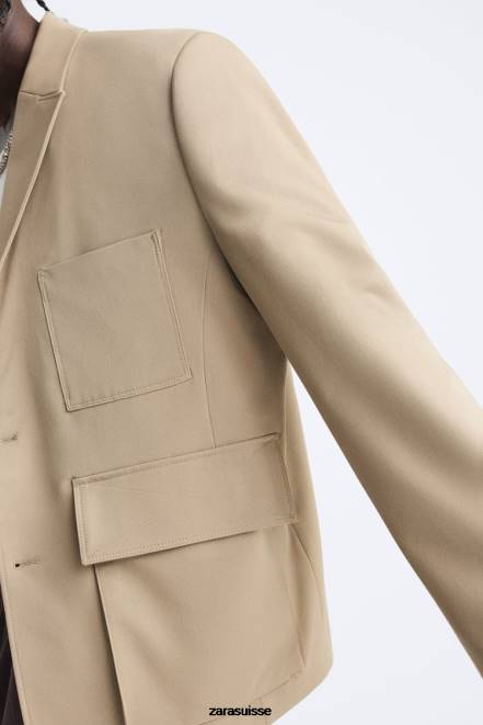 Zara vêtements P66V1158 Hommes blazer à poche bronzage léger