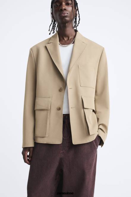 Zara vêtements P66V1158 Hommes blazer à poche bronzage léger