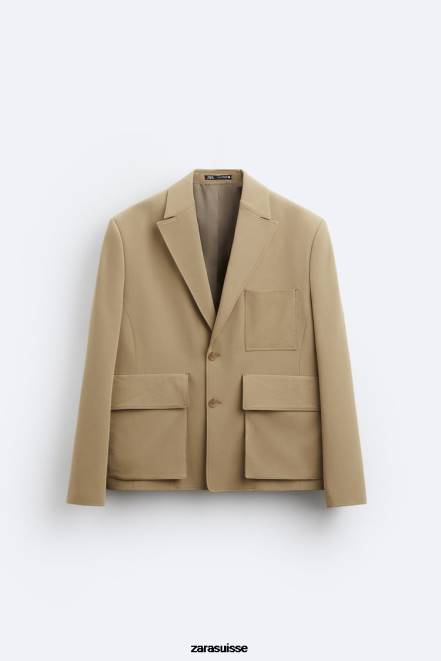 Zara vêtements P66V1158 Hommes blazer à poche bronzage léger