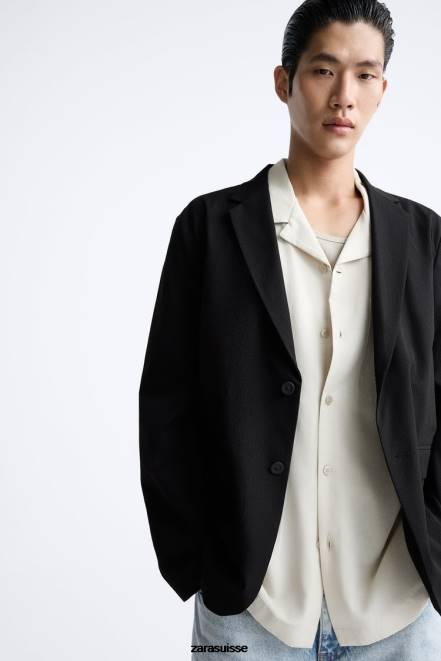 Zara vêtements P66V1168 Hommes blazer en seersucker noir