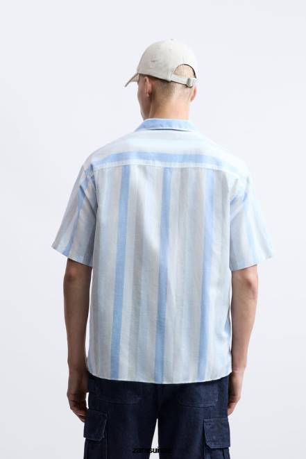 Zara vêtements P66V1003 Hommes chemise rayée bleu clair