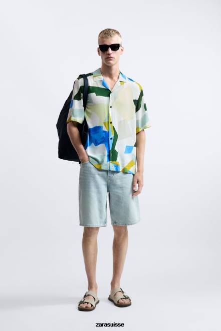 Zara vêtements P66V1004 Hommes chemise à imprimé abstrait bleu