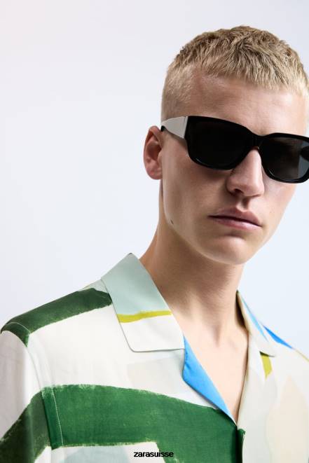 Zara vêtements P66V1004 Hommes chemise à imprimé abstrait bleu