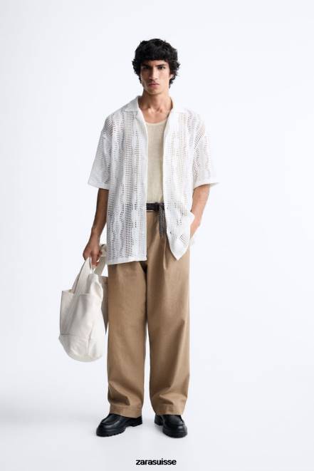 Zara vêtements P66V1005 Hommes chemise texturée au crochet écru