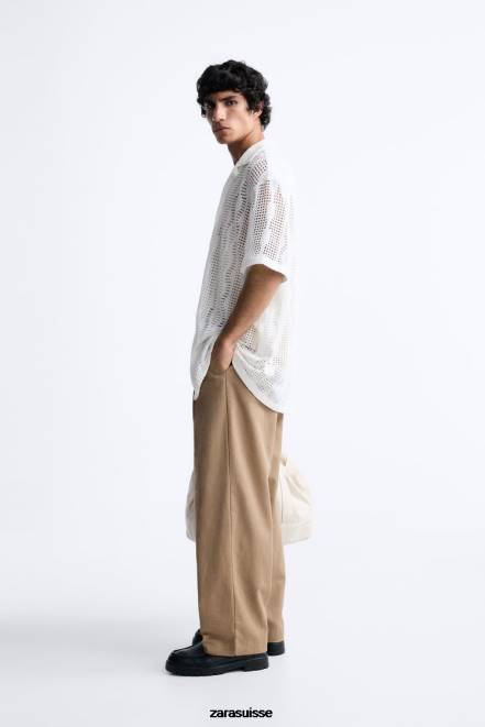 Zara vêtements P66V1005 Hommes chemise texturée au crochet écru