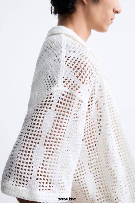 Zara vêtements P66V1005 Hommes chemise texturée au crochet écru