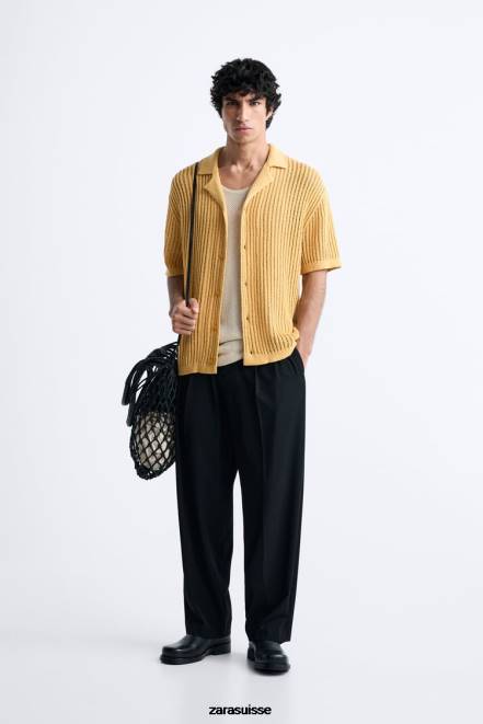 Zara vêtements P66V1006 Hommes chemise texturée au crochet jaune