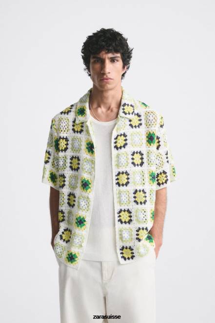 Zara vêtements P66V1007 Hommes chemise patchwork au crochet multicolore