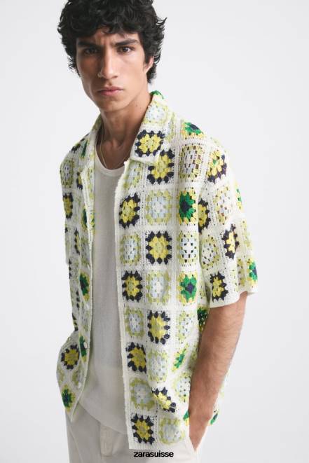 Zara vêtements P66V1007 Hommes chemise patchwork au crochet multicolore