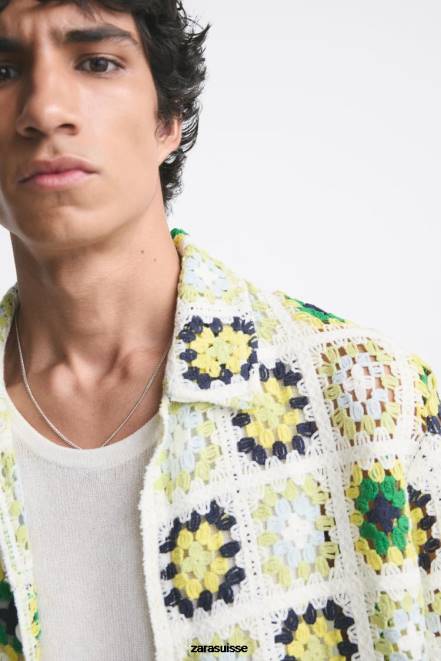 Zara vêtements P66V1007 Hommes chemise patchwork au crochet multicolore