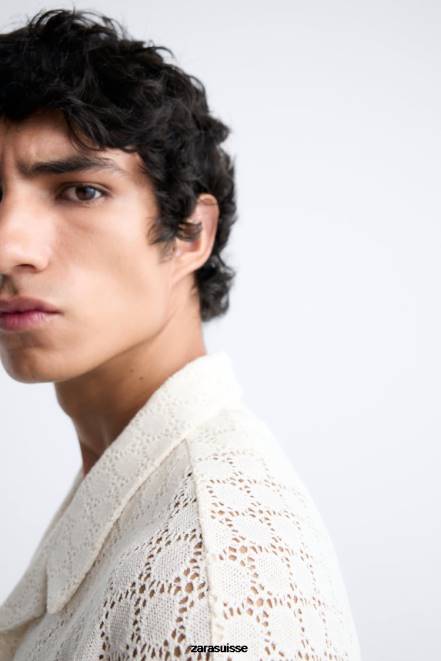 Zara vêtements P66V1009 Hommes chemise texturée au crochet beige