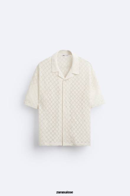 Zara vêtements P66V1009 Hommes chemise texturée au crochet beige