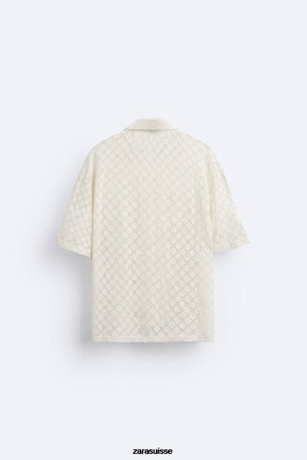 Zara vêtements P66V1009 Hommes chemise texturée au crochet beige