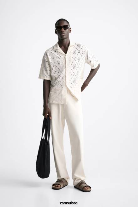 Zara vêtements P66V1012 Hommes chemise texturée au crochet blanc d'huître