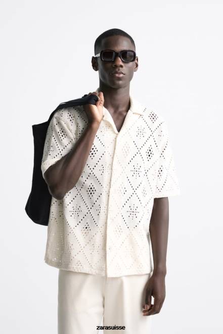 Zara vêtements P66V1012 Hommes chemise texturée au crochet blanc d'huître