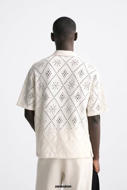 Zara vêtements P66V1012 Hommes chemise texturée au crochet blanc d'huître