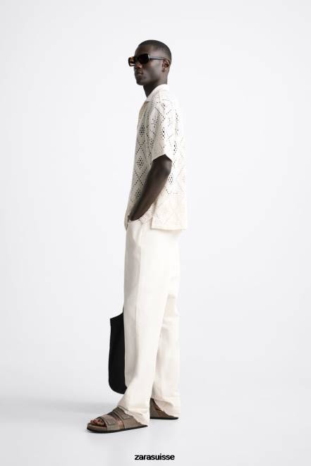 Zara vêtements P66V1012 Hommes chemise texturée au crochet blanc d'huître