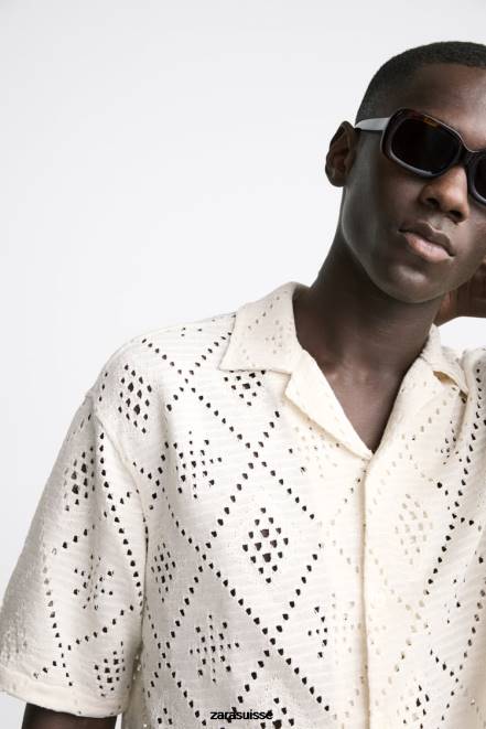 Zara vêtements P66V1012 Hommes chemise texturée au crochet blanc d'huître