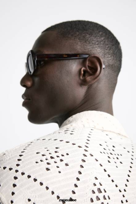 Zara vêtements P66V1012 Hommes chemise texturée au crochet blanc d'huître