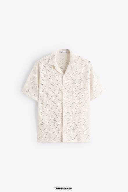 Zara vêtements P66V1012 Hommes chemise texturée au crochet blanc d'huître