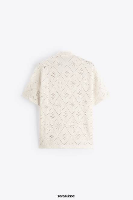 Zara vêtements P66V1012 Hommes chemise texturée au crochet blanc d'huître