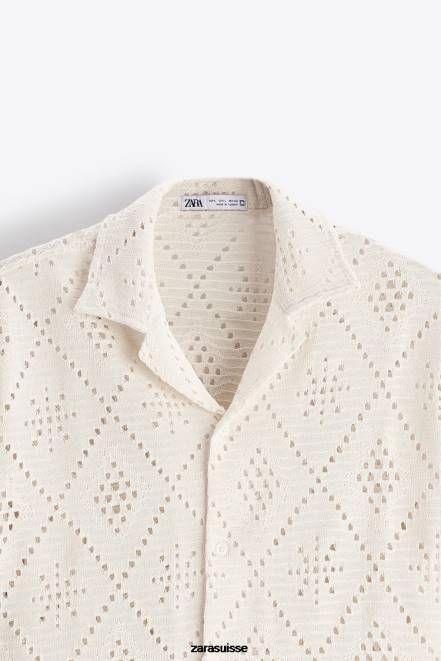 Zara vêtements P66V1012 Hommes chemise texturée au crochet blanc d'huître