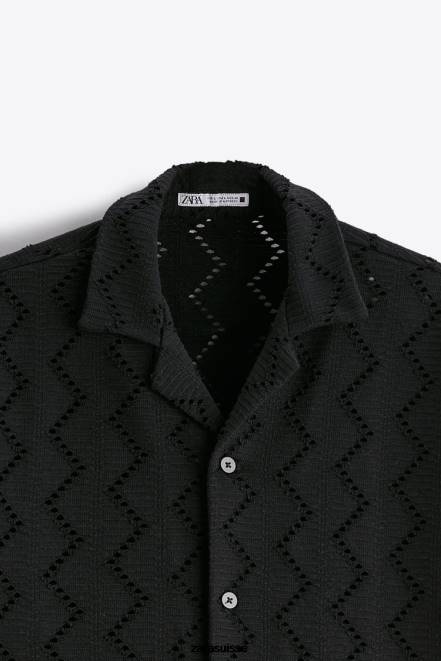 Zara vêtements P66V1013 Hommes chemise texturée au crochet noir