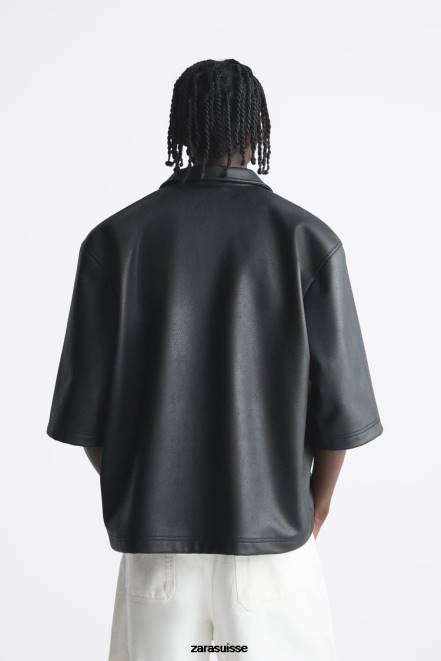 Zara vêtements P66V1017 Hommes top court en similicuir noir