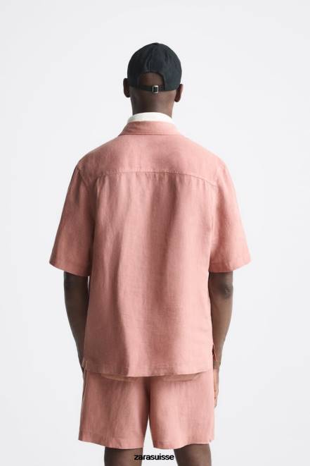 Zara vêtements P66V1018 Hommes Chemise 100% lin rose