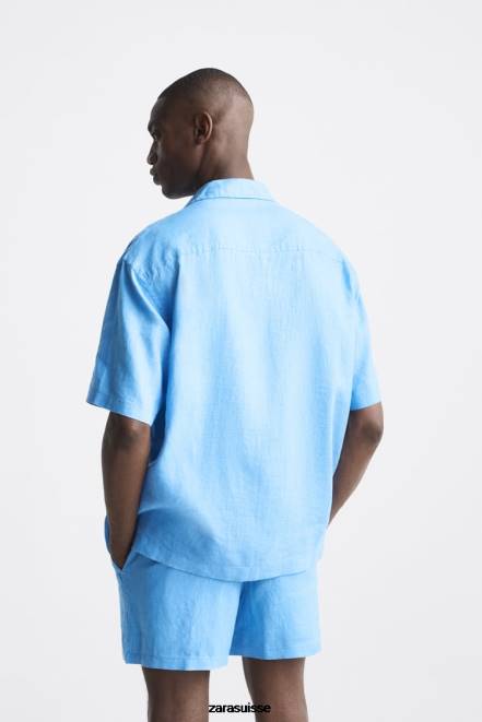 Zara vêtements P66V1019 Hommes Chemise 100% lin bleuâtre