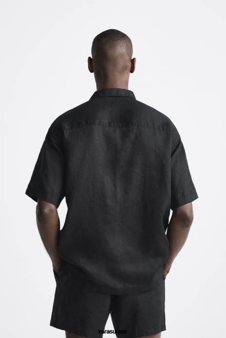 Zara vêtements P66V1020 Hommes Chemise 100% lin noir