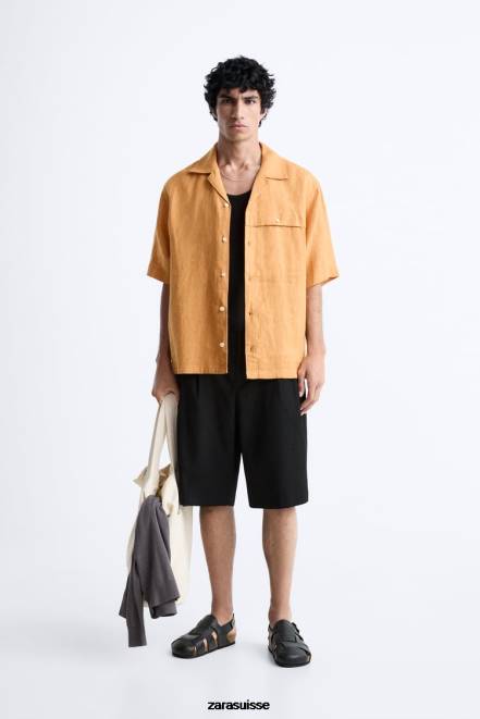 Zara vêtements P66V1022 Hommes Chemise 100% lin orange