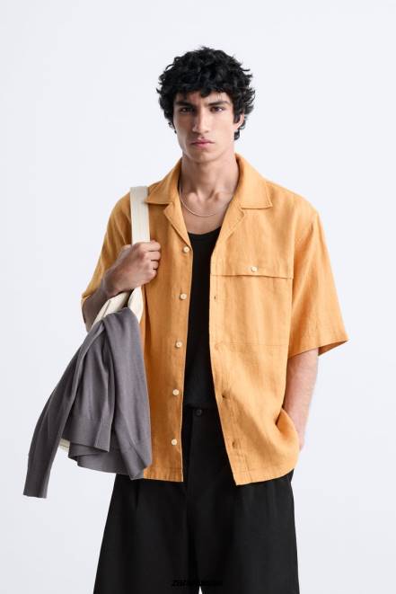 Zara vêtements P66V1022 Hommes Chemise 100% lin orange