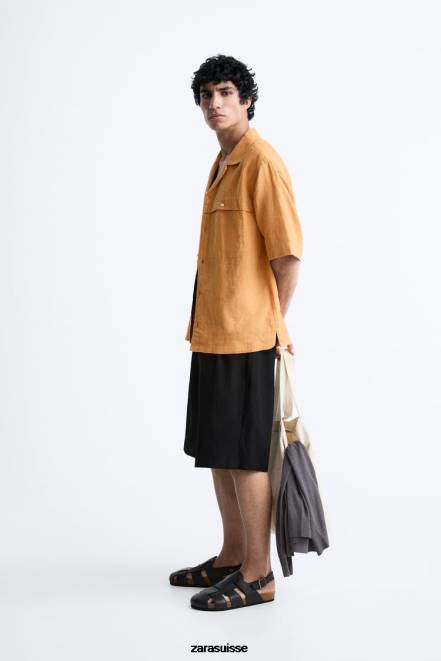 Zara vêtements P66V1022 Hommes Chemise 100% lin orange