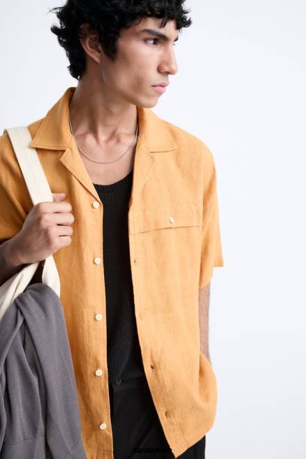 Zara vêtements P66V1022 Hommes Chemise 100% lin orange