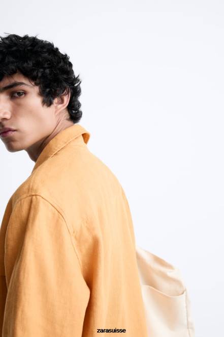 Zara vêtements P66V1022 Hommes Chemise 100% lin orange