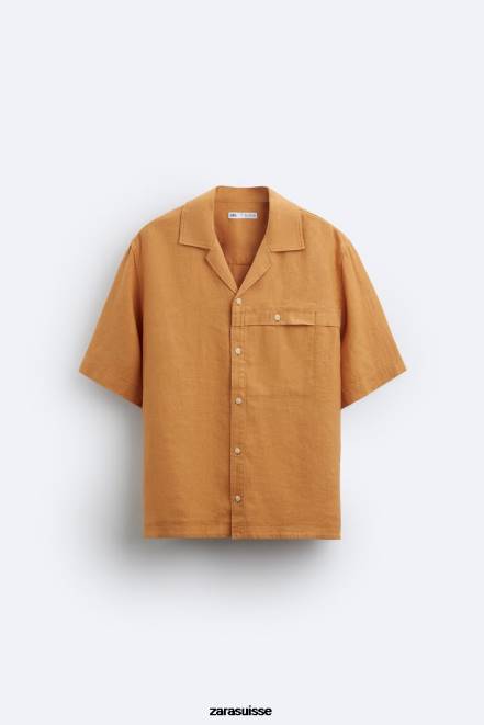 Zara vêtements P66V1022 Hommes Chemise 100% lin orange